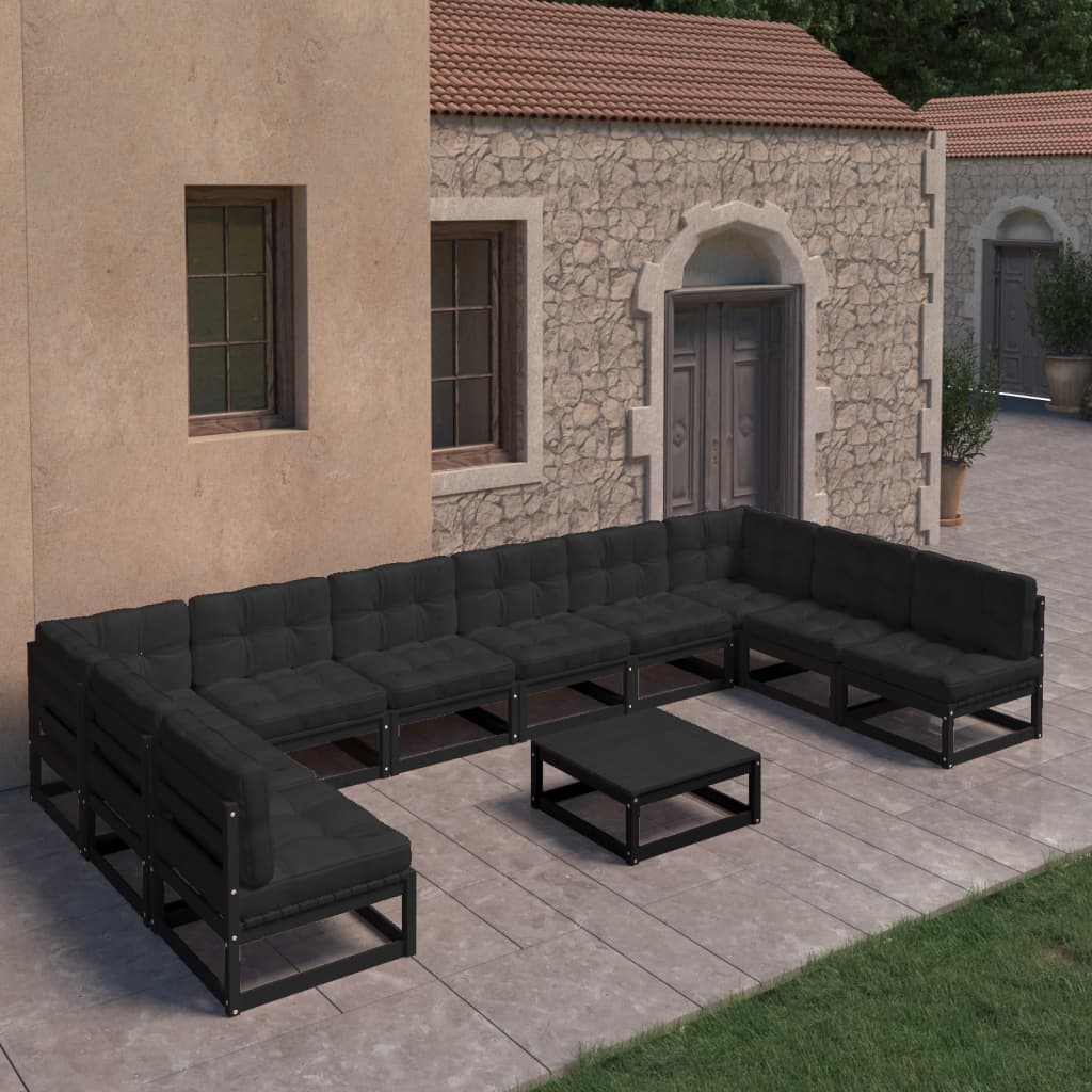 11-tlg. Garten-Lounge-Set mit Kissen Schwarz Massivholz Kiefer